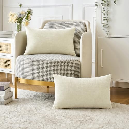 Image of MIULEE Pack of 2 Cream Throw Pillow Covers 12x20 Inch Soft Chenille Lumbar Pillow Covers for Sofa Living Room Spring Home Decor Couch Solid Dyed Cases