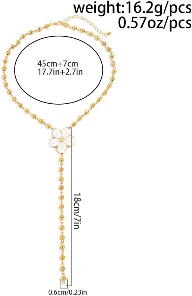 Boho Gold Long Beaded Chain White Flower Choker Necklace for Women, Simple Floral Pendant Beads Tassel Y Necklaces Party Costume Jewelry Accessories - Image 2