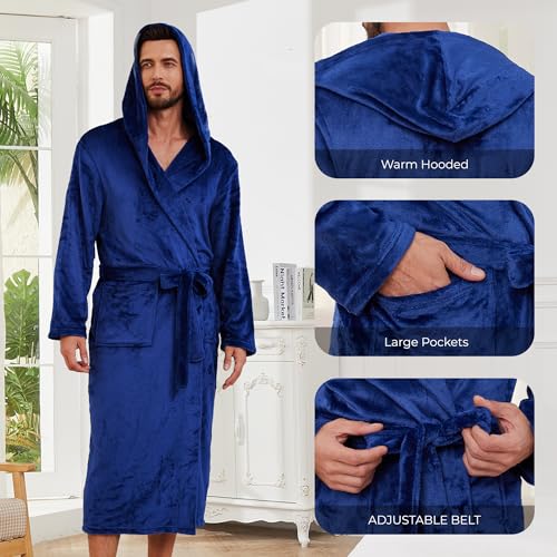 Image of Mens Hooded Fleece Robe, Lightweight Soft Warm Fleece Bathrobe Shower Spa Long Robe With Pockets