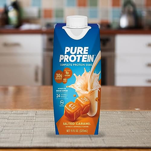 Image of Pure Protein Salted Caramel Shake, Ready to Drink and Keto-Friendly, Vitamins A, C, D, and E Plus Zinc to Support Immune Health, 11 Oz, 12 Count