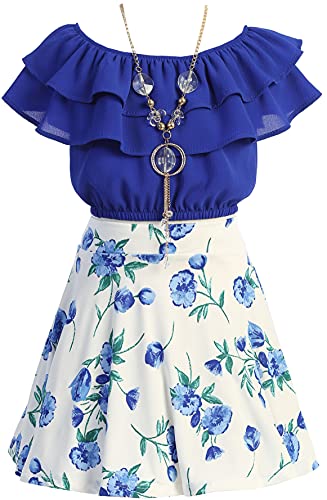 Image of Cold Shoulder Crop Top Ruffle Layered Top Flower Girl Skirt Sets for Girl