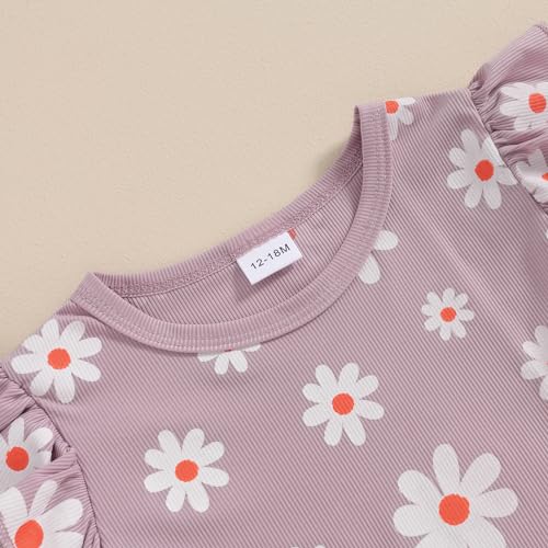 Fernvia Toddler Baby Girl Summer Clothes Set Ruffle Knit Ribbed Short Sleeves T-Shirts Tops Pants 2Pcs Outfits 0-5T (C- U Purple, 12-18 Months) - Thumbnail 2