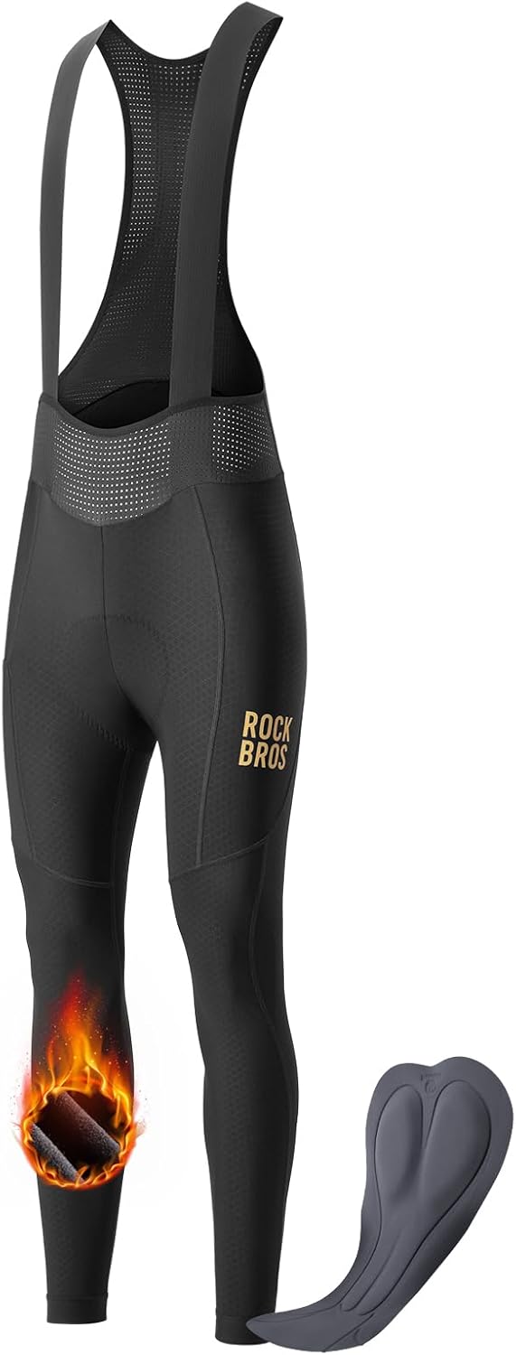 ROCKBROS Cycling Bibs Men for Cold Weather, Thermal Padded Cycling Pants with Pocket, Bike Bib Tights for MTB, Road Bike
