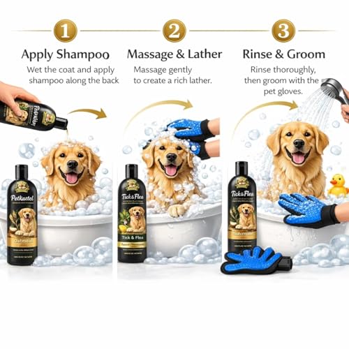 Image of Dog Grooming Combo Tick & Flea Shampoo 200ml + Oatmeal Shampoon 200ml with Deshedding Glove | Anti Tick Cleansing Moisturizing Bath Care Kit for Dogs | Fur Removal Massage Glove Grooming