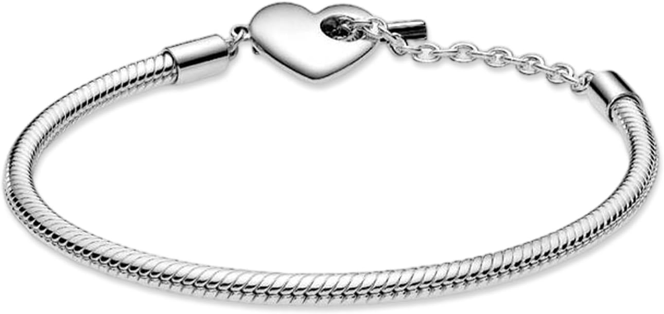 Annmors 925 Sterling SIlver Heart T-Bar Snake Chain Bracelet Compatible with Women's Bangle Charm & Pendants - Image 4