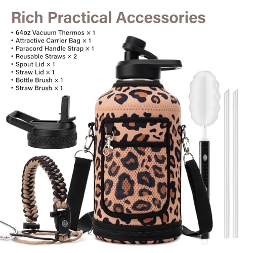 Insulated Water Bottle | Thickened Stainless Steel Vacuum Metal | Portable Sports Half Gallon Large Water Jug for Gym and Hiking with Straw, Carrier Bag, Handle Strap | BPA-Free 64 oz