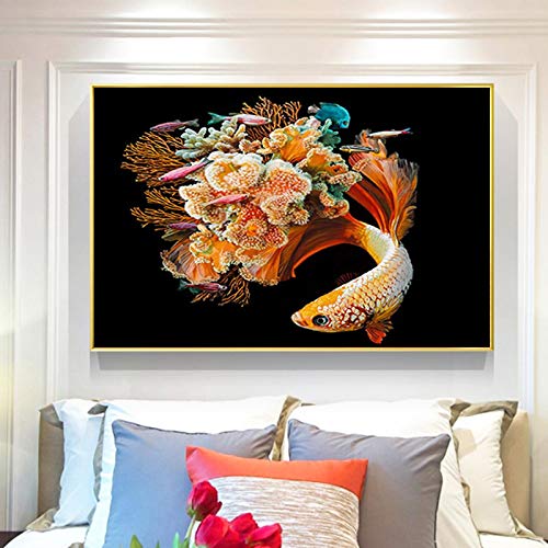 Peinture Toile Poissons Fleurs Algues avec impression d'art murale raffinée