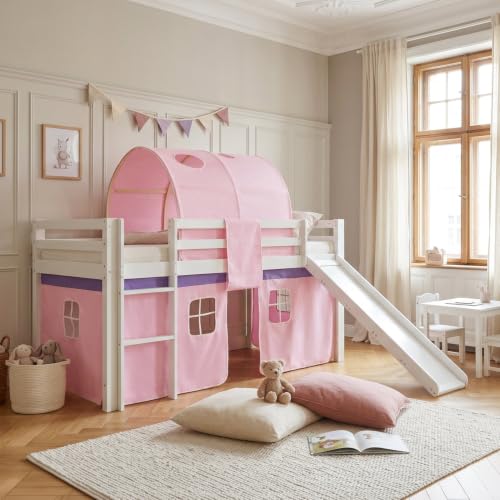 Homestyle4u Kinderhochbett 90x200 Weiß Kiefer Holz Rutsche Tunnel Rosa