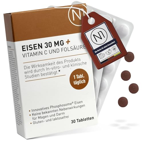 N1 Eisen 30 mg + Vitamin C & Folsäure - 30 Eisentabletten - 98% bioverfügbares Eisenpräparat - hochdosiert für Immunsystem, Energiestoffwechsel & bei Eisenmangel - gut verträglich, ohne Nebenwirkungen