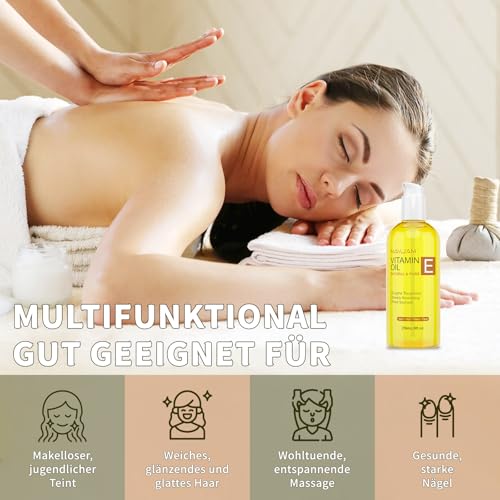 MAYJAM Vitamin E Öl 236ML, 50,000 IU, Trägeröl 100% Reines Natürliches Premium Qualität, Pflegeöl Mit Jojobaöl, Körperöl für Haut, Gesicht, Haare und Narben, Reparatur und Pflege, Vitamin E Oil