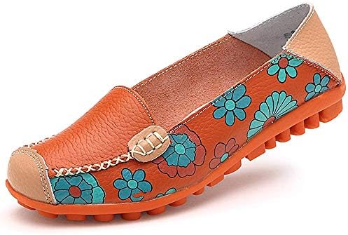 Ablanczoom Womens Comfortable Leather Floral Print Flats Casual Driving Loafers Walking Shoes for Women Orange