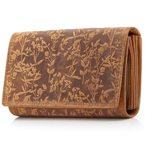 Portemonnee für Damen mit Blüten Muster RFID-Schutz, Leder Geldbörse Langformat mit Druckknopf (Braun)