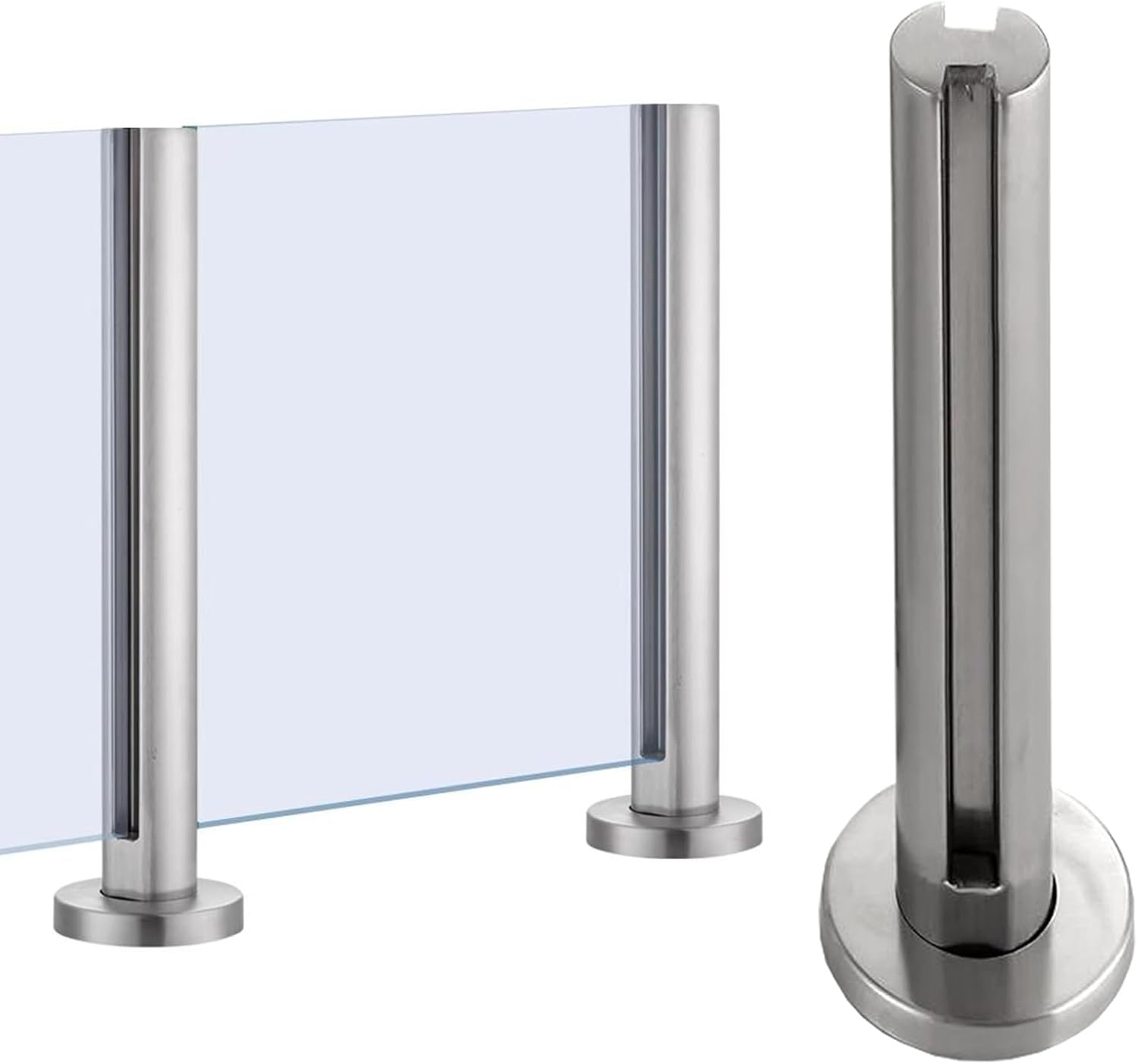 Modern Stainless Steel Glass Balustrade Posts for Indoor Stair Railing System, 33.5in Silver Mid Post with Floor Clamp, Durable Glass Railing Solution