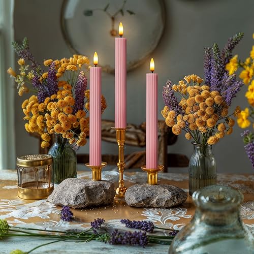 Image of 10 inch Fluted Ribbed LED Dusty Rose Grooved Real Wax Taper Candles, Remote & 24h Timer Memory, On /Off Switch - Flameless Dimmable Battery Operated w /Flicker Mode, Home Wedding Decor (6 Pack)