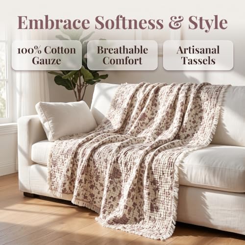 Image of King 100% Cotton Muslin Blanket with Tassel All Seasons Blush 4-Layer | Breathable, Soft & Lightweight, Crinkle Texture, for Bed Couch Sofa, Throw, Shawl, for Hot Sleepers, Home Decor