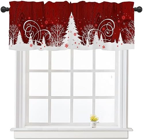 Red Christmas Kitchen Curtains Valances for Windows Xmas Snowflake Tree Woodland Winter Window Curtain 54×18 Inch Holiday Topper Rod Pocket Bathroom Treatment Valance for Living Room Bedroom Decor