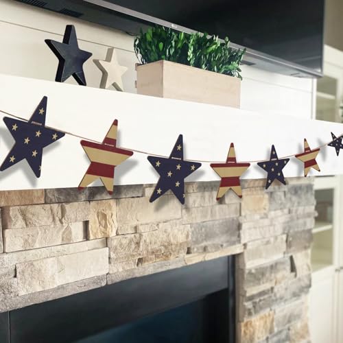 4th of July Decorations β Retro Patriotic Wooden Star Garland Banner for Memorial Day Mantel Fireplace and Wall Decor