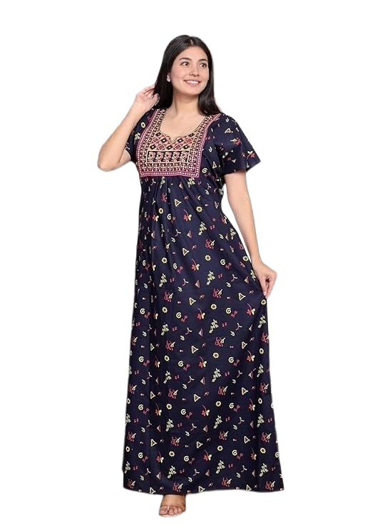 Image of NILOUFO Women's Cotton Jaipuri Nighty Gown - Pack of 2 Rajasthani Print Night Dresses | Maxi Sleepwear with Pocket | Soft Embroidered Loungewear for Ladies