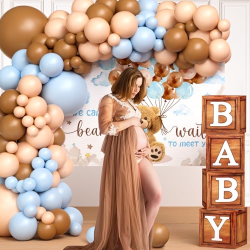 Onmelo G582985 Teddy Bear Baby Shower Party Decorations For Boy Wood Grain Boxes With Baby Letters Brown Blue Balloon Arch Kit We Can Bearly Wait Backdrop Tablecloth Bear Theme Baby Shower Birthday Party thumb #3