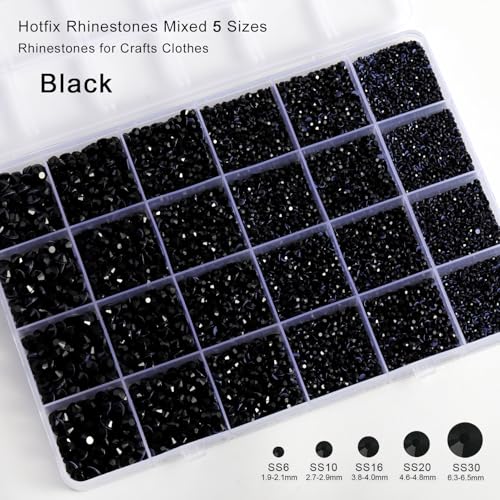 Image of Hotfix Rhinestones Kit,Black, Mixed 5 Sizes 14400pcs | Hot Fix Crystals, for Bedazzling Clothes Crafts, with Wax Pencil,Tweezers and Spoon,SS6-SS30