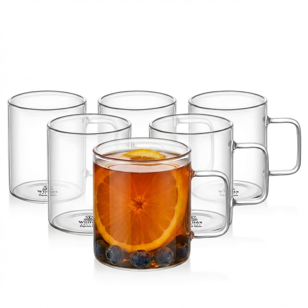 Wilmax | Teegläser mit Henkel & Kaffeegläser | Thermogläser 6er-Set | 400 ml | Gläser für Heiß- und Kaltgetränke | Kaffeebecher | Teetassen | Saftgläser | Glastassen | Spülmaschinenfest
