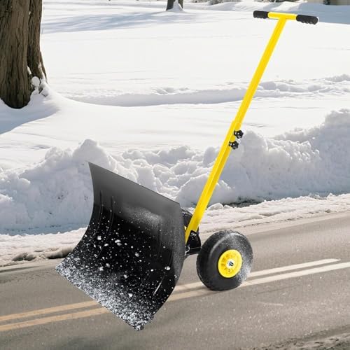 Heavy-Duty Adjustable Snow Plow with Wheeled Design for Driveways and Sidewalks, Height & Angle Adjustable Handle (29.1" W x 16.5" H) - Effortless Snow Removal