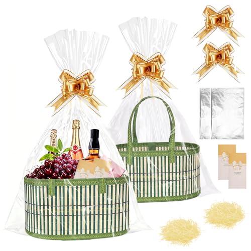 AMFUN 2-Pack Empty Bamboo Woven Hamper Baskets Large Sturdy Gift Basket Kit with Handles Cellophane Bags Bows Cards & Shredded Paper for Christmas Birthday (Red)