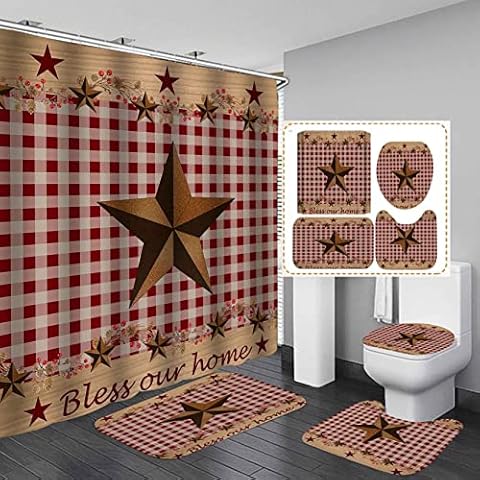 SKAILIÉ 4PCS Western Shower Curtain Set, Bless Our Home Inspirational Quotes Brown Country Primitive Texas Star Berry Red and Beige Plaid Rustic Farmhouse Bathroom Decor, Non-Slip Bath Mat Toilet Rug Cover