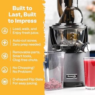 Kuvings EVO820GMS Whole Slow Juicer - Cold Press Juicer with a 5th Gen O-shaped Flip Gate and a 3.2 inch (82 mm) Food Chute - Juice, Smoothie, Ice Cream and Sorbet Maker - Leather Finish - Gun Metal