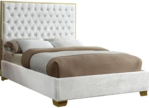 MAKLAINE Contemporary Solid Wood King Bed, White Velvet Fabric, Deep Tufting, Tall Headboard with Gold Trim, Sturdy Gold Legs, Fits Eastern King Mattress, Modern Bedroom Furniture