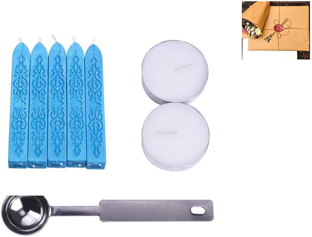 Febbya Sealing Wax Sticks,5 Pieces Sealing Wax with 2 Pieces Candles and 1 Piece Spoon for Wax Seal Stamp Envelops Postage Letter Invitation Card Sky Blue