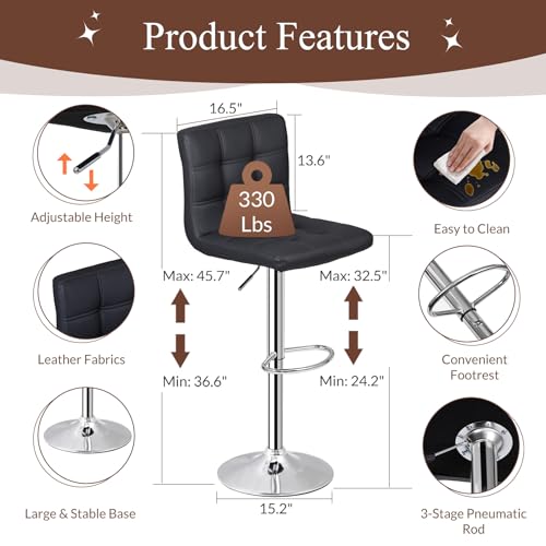 Image of ZENY Set of 4 Adjustable Swivel Barstools, Modern PU Leather Kitchen Counter Bar Stools, Square Back Bar Stool