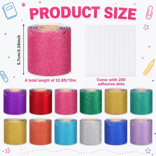 Wiooffen 12 Rolls 393ft Glitter Bulletin Board Borders Colorful Scalloped Trim Bulletin Board Decoration Shiny Bright Classroom Border for Classroom School Chalkboard Door Wall Decor(Glitter Color) by Wiooffen - Image 2
