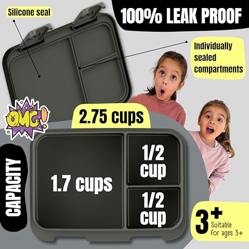 Image of BEARFOOT Kids Lunch Box with Compartments - Compact & Lightweight | Leak-Proof, BPA-Free, Dishwasher Safe | Hand-Drawn Design for Preschool, School, Travel (Dinos Black, 2.75 Cups)