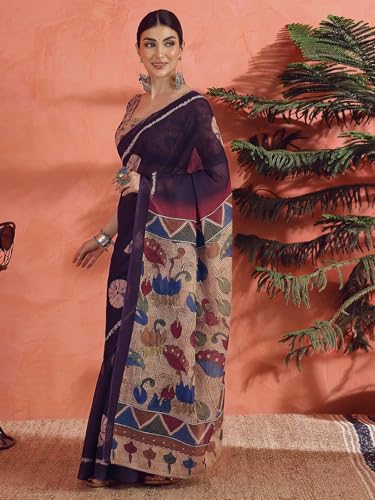 Image of Satrani Women's Linen Printed Saree with Unstitched Blouse Piece