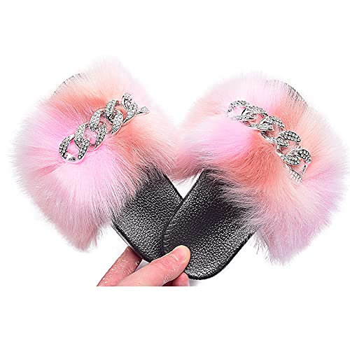 Girls Faux Fur Fluffy Slides Sparkle Rhinestone Furry Slippers Colorful Sandals4