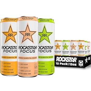 Rockstar Focus, 3 Flavor Variety Pack (White Peach, Lemon Lime, Orange Pineapple), 12 Fl Oz Cans (Pack of 12)