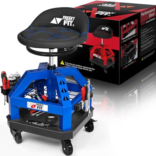 FreekyFit Rolling Shop Stool for Garage with Casters, DO02-Adjustable Height 360° Swivel Shop Seat with Tool Tray Storage, 330 LBS Capacity Padded Mechanic Stool, Magnetic Tool Hold, Heavy Duty, Blue