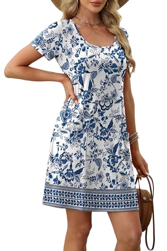 OFEEFAN Summer Dresses for Women 2025 Loose U Neck Short Sleeve Casual Beach Vacation Tshirt Dress Sundresses wih Pockets3
