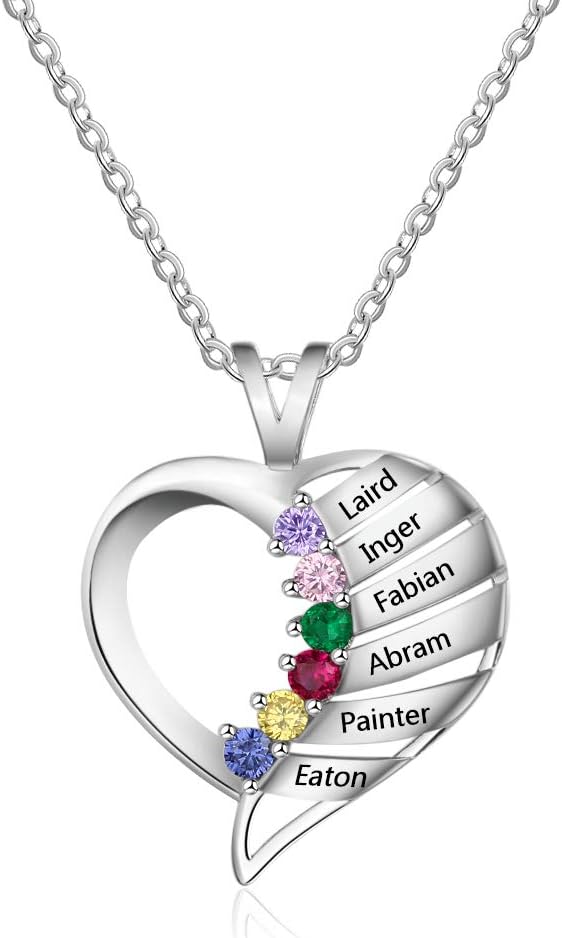 Personalized Hearts Necklace with 2-6 Simulated Birthstones for Women Customized Mothers Names Necklace for Mother's Day Relationship Necklace for Mom