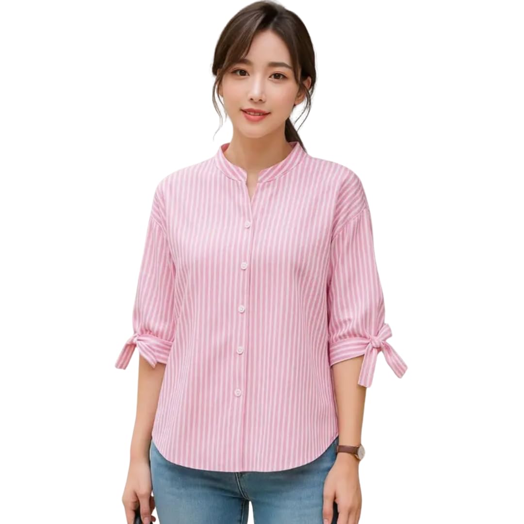 AZC Creations Women's Striped Casual Shirt | Mandarin Collar Button-Down Top | 3/4 Tie Sleeve Stylish Shirt for Women | Regular Fit Everyday Office & Casual Wear-picture-46