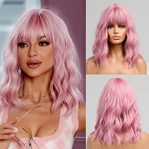 Perruque Rose Femme Bob Courte avec Frange 14 poucesPerruque Bouclée Longueur d'épaule Synthétique Perruques Rose Pastel pour les femmes
