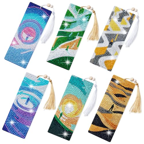 SWATOM 6 Pcs 5D Diamond Painting Bookmarks Mobius & Maze Acrylic Diamond Art Bookmark with DIY Painting Kits Tassels & Wood Beads Pendant Rhinestone Bookmarks