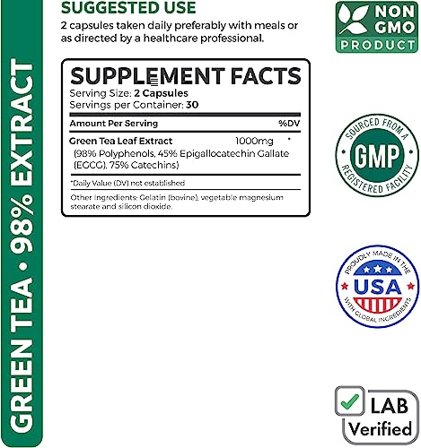 Green Tea Extract Capsules 98% with EGCG (Non-GMO) for Natural Metabolism Boost - Leaf Polyphenol Catechins - Antioxidant Supplement - Green Tea Pills - 1000mg (500mg per Capsule) - 60 Capsules - Image 6