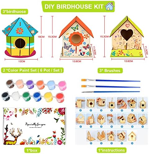 weeyin DIY Bird House Kits for Kids, 3Pcs Craft Kits for Kids Easter Gifts for Kids Birthday Gifts, Include 12 Colors Paints and 3 Brushes Arts Crafts Set for Kids New Year Craft Kits(Pack of 3)
