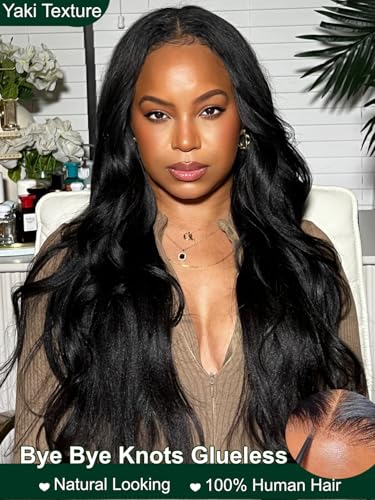 Image of KLAIYI Precut 13x4 Glueless Lace Front Wig Yaki Straight Bye Bye Knots Human Hair Wear and Go Wigs for Women Pre Bleached Pre Plucked Pre Everything 3S Ready to Wear Beginner Wig with Baby Hair 22Inch