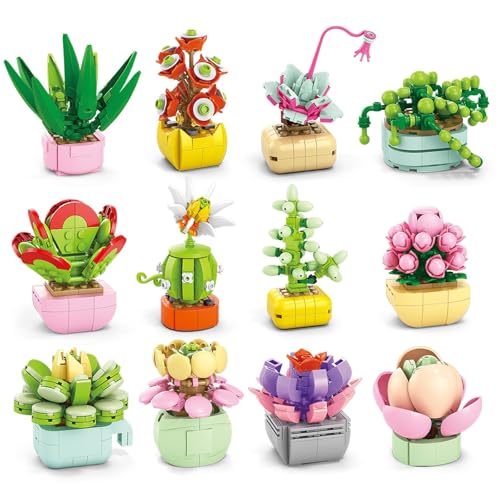 24PCS Flowers Succulents Building Blocks Easter Gifts for Kids Party Favors Goodie Bag Stuffers Classroom Prizes Prefilled Easter Basket Treasure Box Toy Birthday Return Gifts for Boys Girls Ages 6+