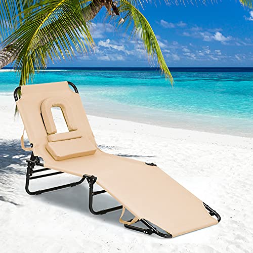 Gotoplay Folding Beach Lounge Chair w/ 5 Adjutable Backrest & Padded Pillow, Sunbathing Lounger Chair, Sun Tanning Lay Flat Chair for Seaside Pool Deck, Max Load 330 LBS, No Assembly Required (Beige)