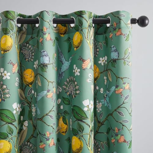 Image of BFAM Floral Print 100% Blackout Curtain with Black Linning at Back,Green Bird Print Curtains for Living Room /Bedroom Thermal Insulated Energey Saving 12 Feet Pack of 1 Curtain