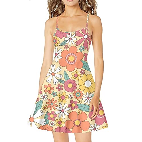 Image of Coloranimal Abstract Hippie Flower Dresses for Women Plus Size Womens Summer Casual Loose Sleeveless Spaghetti Strap Beach Dress Off Shoulder Swing Suspender Skirts, Orange